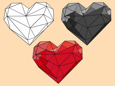 Sarı arkaplanda izole edilmiş çokgen kalplerin vektör çizimi