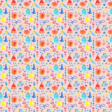 Noel ve Yeni Yıl sembollerinin kusursuz suluboya desenleri. Arka planda tatilin öğeleri ve öğeleri.