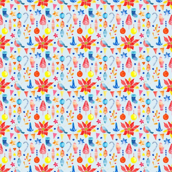 Seamless Raster Watercolor Pattern Christmas New Year Symbols Elements Items — Stock Photo, Image