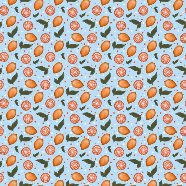 Naadloos Patroon Met Rood Citrusfruit Bladeren Blauwe Achtergrond — Stockfoto