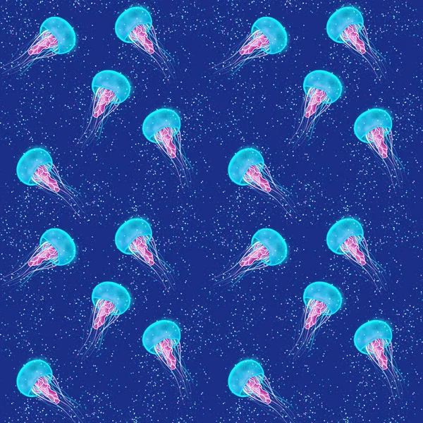 青い背景にクラゲとのシームレスなパターン — ストック写真