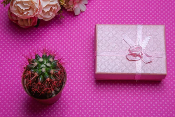 ピンクの背景に花やサボテンの入ったギフトボックス — ストック写真