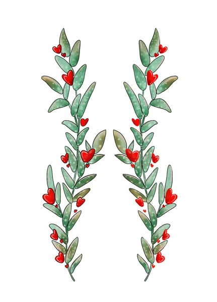 Цветочные Веточки Акварели Красными Цветами — стоковое фото