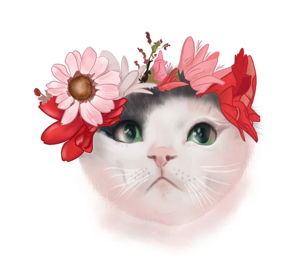 Katze Mit Rosa Und Roten Blüten — Stockfoto