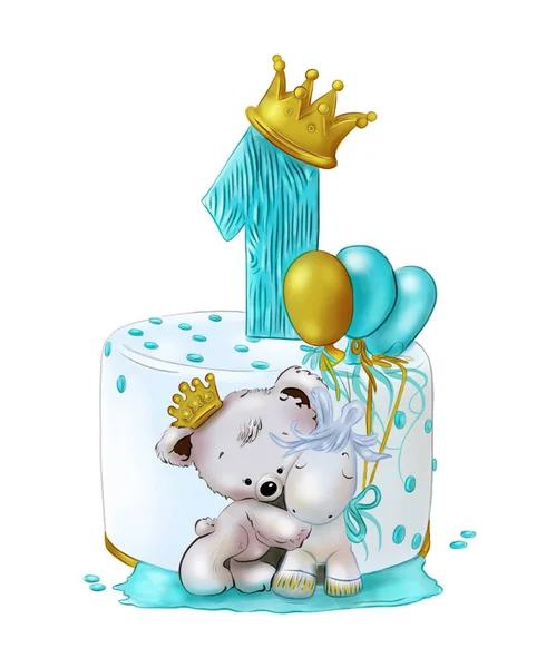 cartoon illustration of bear with cake gift and number 1