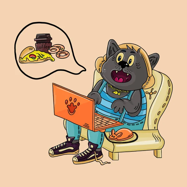 Dessin Animé Vectoriel Chat Aide Ordinateur Portable Pour Acheter Pizza — Image vectorielle