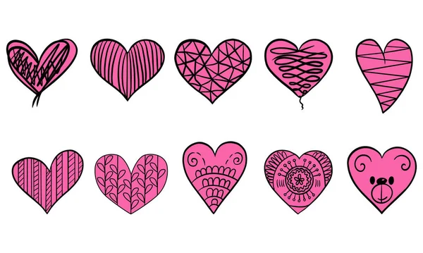 Conjunto Corazones Dibujados Mano Día San Valentín Vector — Archivo Imágenes Vectoriales