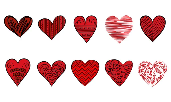 Conjunto Corazones Dibujados Mano Día San Valentín Vector — Vector de stock