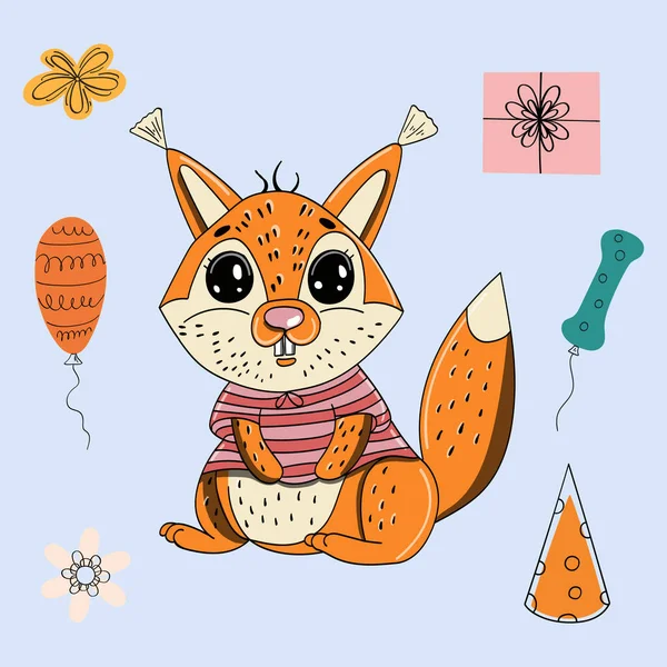 Niedlicher Kleiner Fuchs Mit Symbolen Für Den Urlaub — Stockvektor
