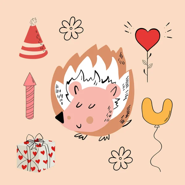 Cute Cartoon Ilustracja Kartki Urodzinowej Świnią — Wektor stockowy