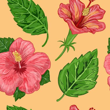 Amfibik çiçekleri, yaprakları ve tomurcukları olan kusursuz bir desen. vektör illüstrasyonu