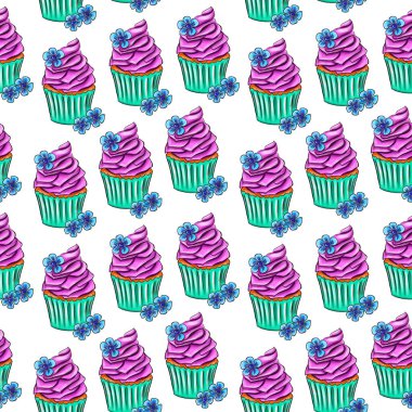 Kusursuz desenli, elle çizilmiş kekler. vektör illüstrasyonu.