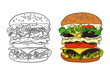 Hamburger, hamburger, patates, çörek, fast food, vektör illüstrasyonu