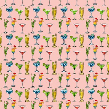 Kokteyllerle kusursuz desen. vektör illüstrasyonu