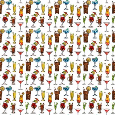 Şarap ve kokteyl kadehleriyle kusursuz desen. vektör illüstrasyonu.