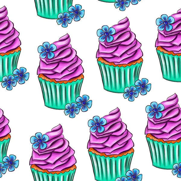 Zökkenőmentes Minta Kézzel Húzott Cupcakes Csokoládéval Édességekkel — Stock Fotó