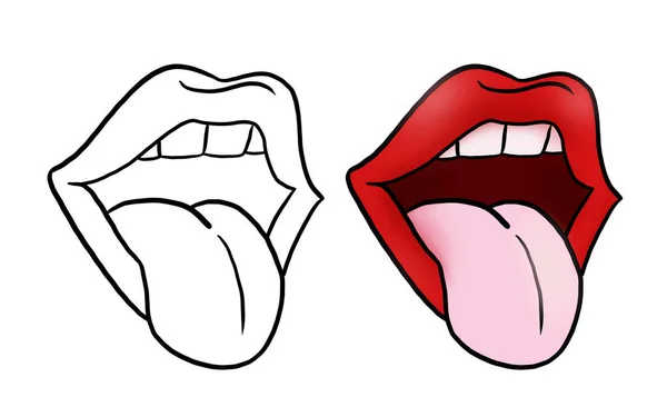 Pop Art Lippen Mit Rotem Lippenstift Und Schwarzem Herz Vektorillustration — Stockfoto
