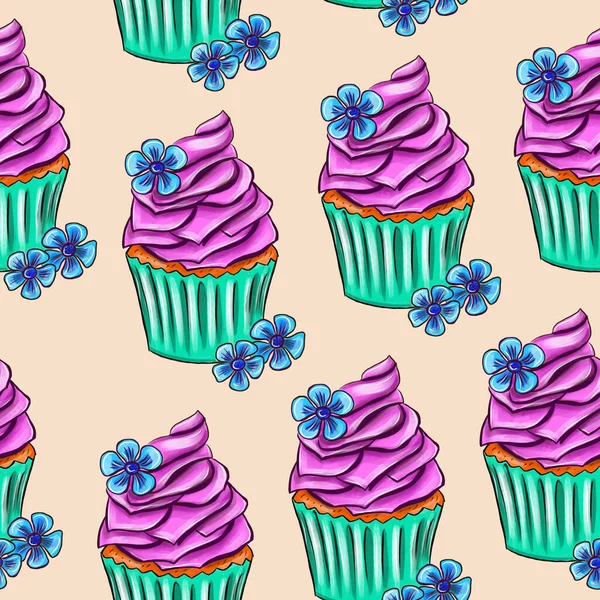 Modello Senza Cuciture Con Cupcake Disegnati Mano Con Cioccolato Dolci — Foto Stock