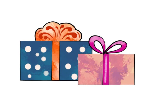 Ilustracja kolorowego rysunku pudełek z prezentami o różnych kształtach różowe i niebieskie ozdobione kokardkami i papierem do pakowania na białym, izolowanym tle — Zdjęcie stockowe