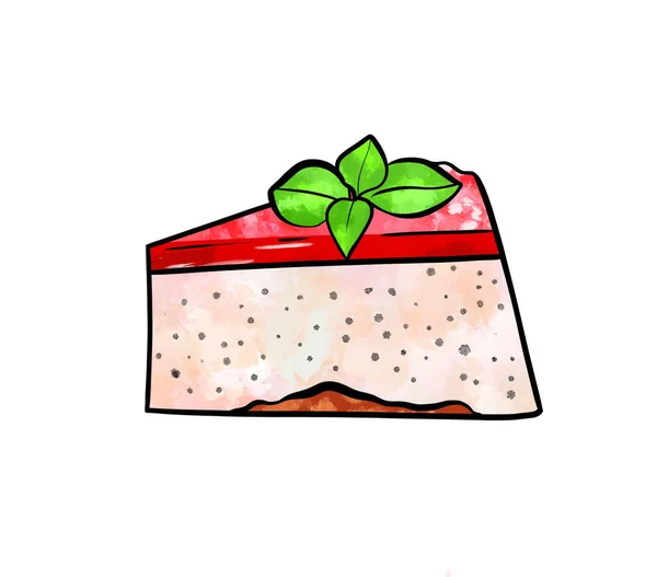 Ilustração de um desenho colorido de doces: um pedaço de mousse de bolo com camada de bege, camada superior de sabor vermelho de morango e para decoração folhas de hortelã em um fundo isolado branco — Fotografia de Stock