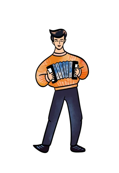 Illustration einer farbigen Zeichnung eines männlichen Akkordeonspielers mit Knopfakkordeon in farbiger Kleidung auf weißem isolierten Hintergrund — Stockfoto