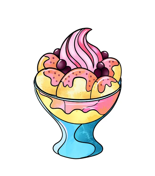 Illustration of a colored drawing of sweets: yellow pink dessert ice cream in balls and decorated with pink cream in the middle in a blue vase on a white isolated background — Stock Photo, Image