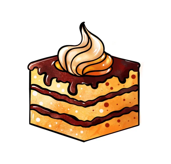 Ilustração de um desenho colorido de doces: um pedaço de bolo com camadas de marrom amarelo, encharcado em chocolate e creme para decoração em um fundo isolado branco — Fotografia de Stock