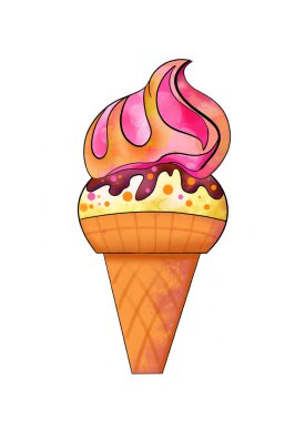 Renkli bir tatlı çiziminin tasviri: Beyaz izole bir zemin üzerinde pembe kremayla kaplanmış bir waffle külahındaki sarı dondurma