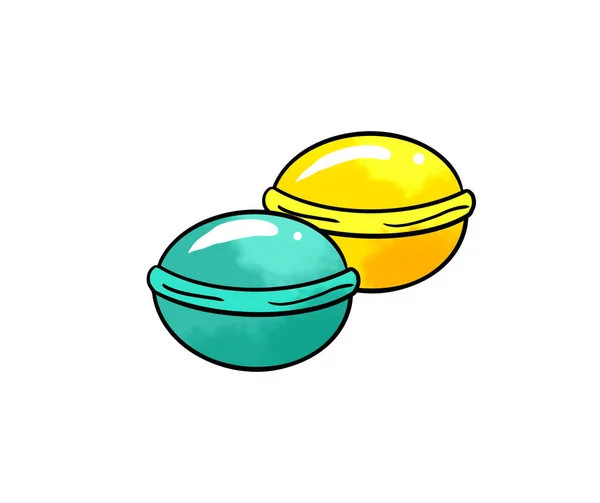 Illustratie van een gekleurde tekening van snoepjes: lolly 's in de vorm van een bal in geel en blauw op een witte geïsoleerde achtergrond — Stockfoto