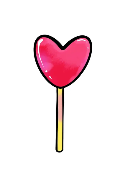 Ilustración de un dibujo coloreado de dulces: piruleta roja en forma de corazón sobre un fondo blanco aislado — Foto de Stock