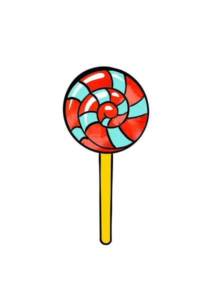 Illustration of a colored drawing of sweets: red-blue lollipop on a white isolated background — Stock Photo, Image