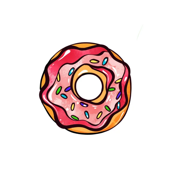 Illustratie van een gekleurde tekening van snoepjes: donuts met glazuur van verschillende kleuren op een witte geïsoleerde achtergrond — Stockfoto