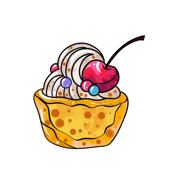Ilustracja kolorowego rysunku słodyczy: jasnożółty deser ze śmietaną i ozdobiony czerwonymi wiśniami w żółtym kubku na białym, izolowanym tle — Zdjęcie stockowe