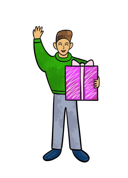 Ilustracja kolorowego rysunku człowieka z pudełkiem prezentów ozdobionych kokardą na białym odosobnionym tle — Zdjęcie stockowe