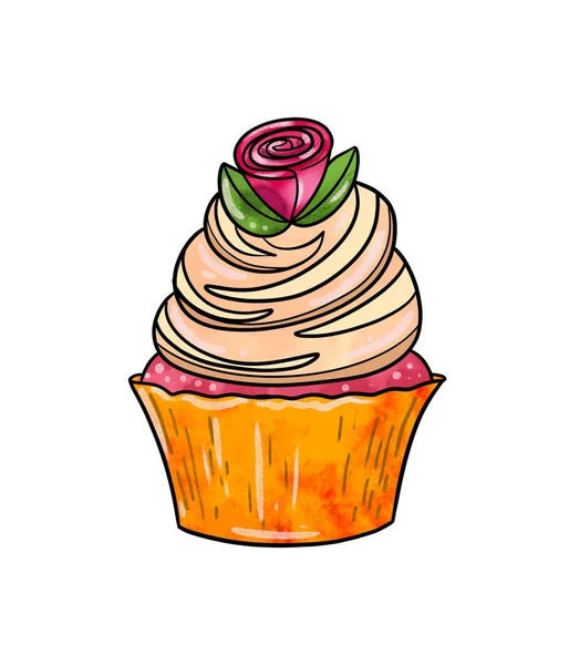 Illustration of a colored drawing of sweets: pink cupcake with yellow-brown cream and decorated with a flower on top on a white isolated background — Stock Photo, Image