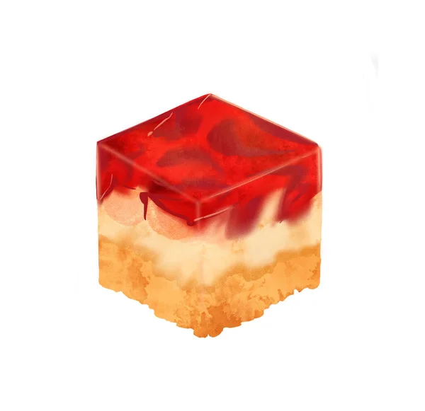 Llustration of a colored drawing of sweets: a piece of jelly cake with layers of yellow and red and citrus slices in jelly on a white isolated background — Stok Foto