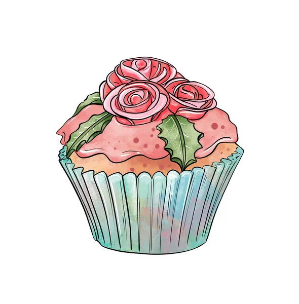 Illustration of a colored drawing of sweets: orange cupcake with pink cream and decorated with red flowers and green leaves on top on a white isolated background — Stock Photo, Image