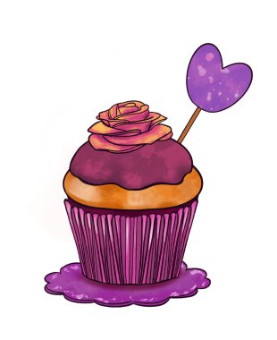 Tatlıların renkli bir çizimi: kremalı mor kek ve üzerinde bir gül ve beyaz izole bir zemin üzerinde bir çubuk üzerinde bir kalp ile süslenmiş