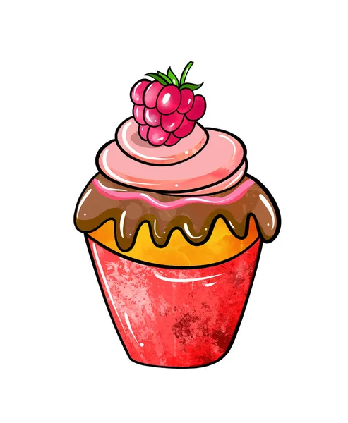 Ilustración de un dibujo coloreado de dulces: postre naranja con crema rematada con chocolate y adornada con frambuesas rosadas en una taza roja sobre un fondo blanco aislado —  Fotos de Stock