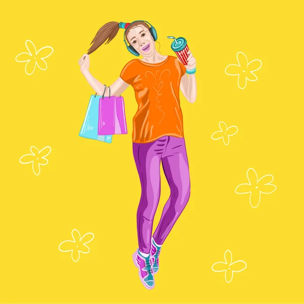 Ilustração estilização de uma menina feliz depois de fazer compras em um fundo isolado branco — Vetor de Stock