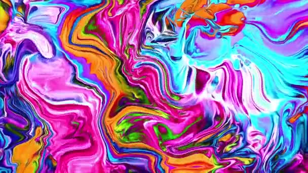 Abstrakte psychedelische Animation in verschiedenen leuchtenden Neonfarben. Bewegung und Unschärfe der Oberfläche in Form von Wellen und Kurven in Form eines Hintergrundes — Stockvideo