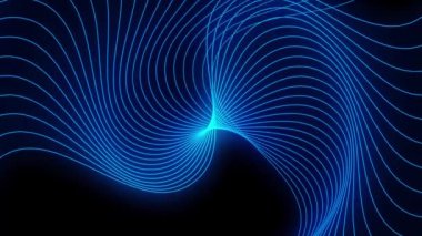 Izgara şeklinde hareket eden ince mavi kıvrımlı çizgilerle canlandırılmış arkaplan. Çizgiler siyah bir arkaplanda daire şeklinde dizilmiştir..