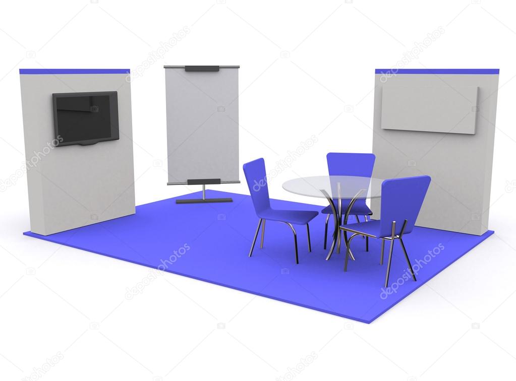 Trade exhibition stand and blank roll banner 3d render isolated - Template for designers