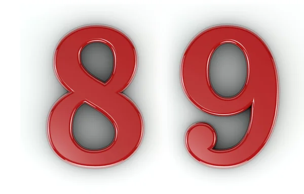 8, 9, 3d red numbers isolated white background (path save) — Stock Photo, Image