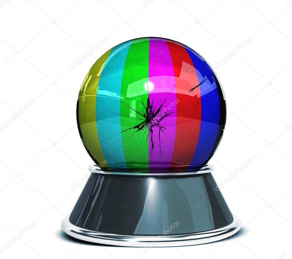Concept Crystal bal - error on television screen - Color bars - and broken glass Isolated over white background - Template for designers