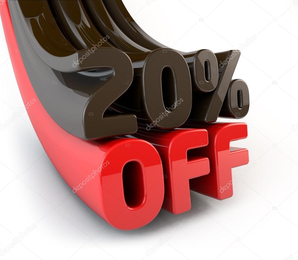 20% Off in red. Advertising discount. 3d render illustration.