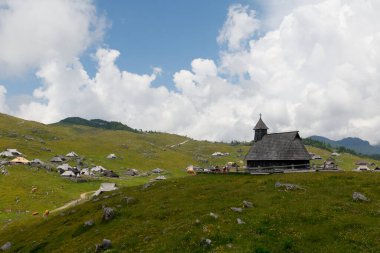 Velika Planina 'nın eski köyü, Slovenia. Julian Alpleri 'nin yüksek çayırlarındaki geleneksel sığır kasabası
