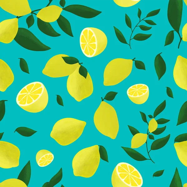 Seamless yellow bright lemons pattern on blue background. For decoration, paper, fabric, textile, wallpaper, wraping. Food ornament.