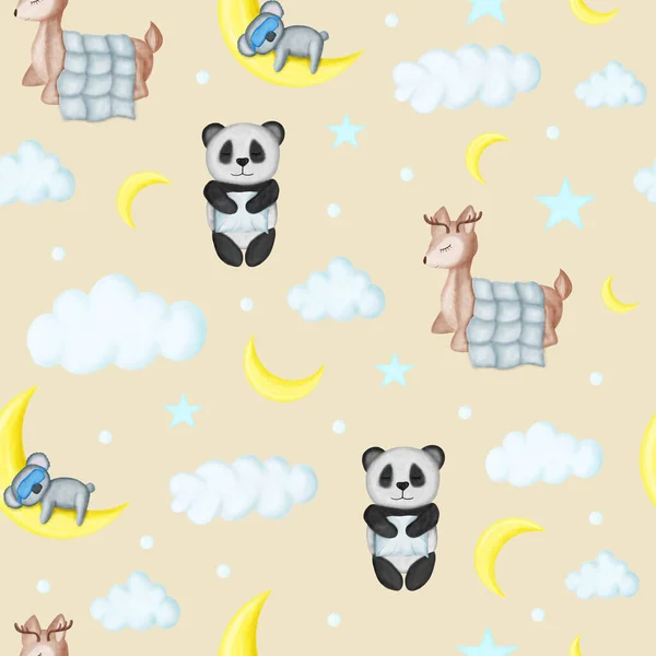 Seamless pattern with sleeping baby animals - cute deer, panda and koala. Can be used for nursery room, wallpaper print, baby clothers print and other.