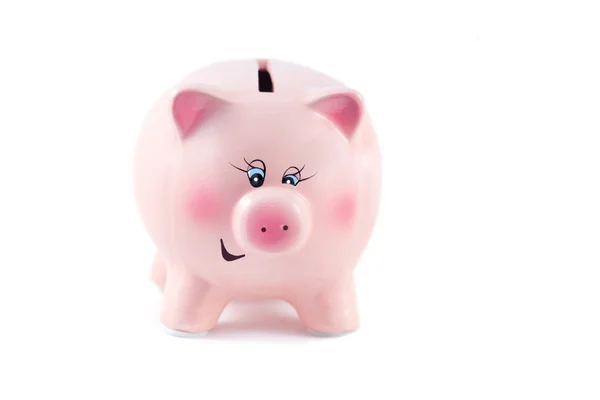 Charmoso Piggy Bank em um fundo branco, foco suave — Fotografia de Stock